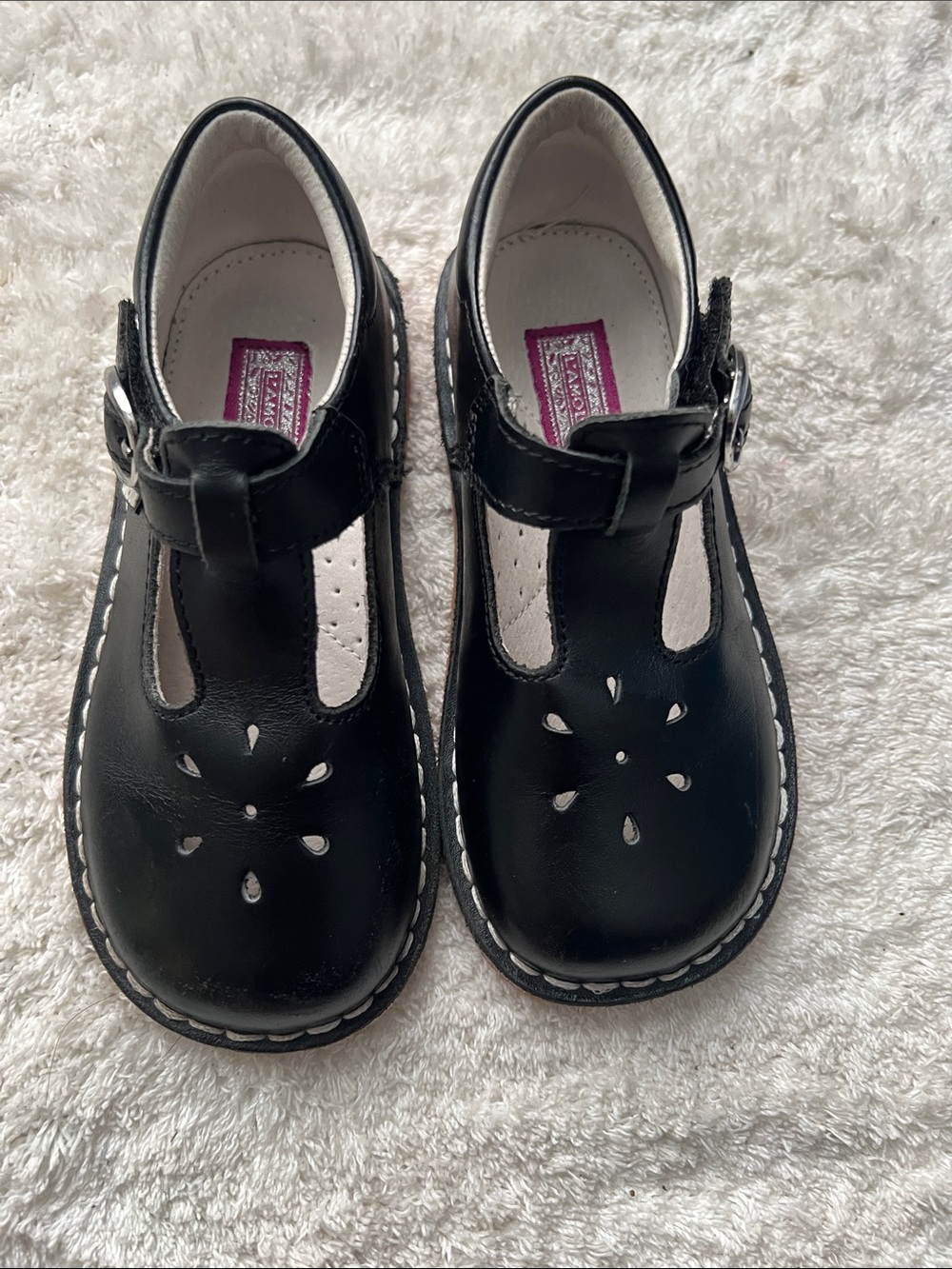Children's Black T-Strap Dress Shoes with Floral Cutouts
